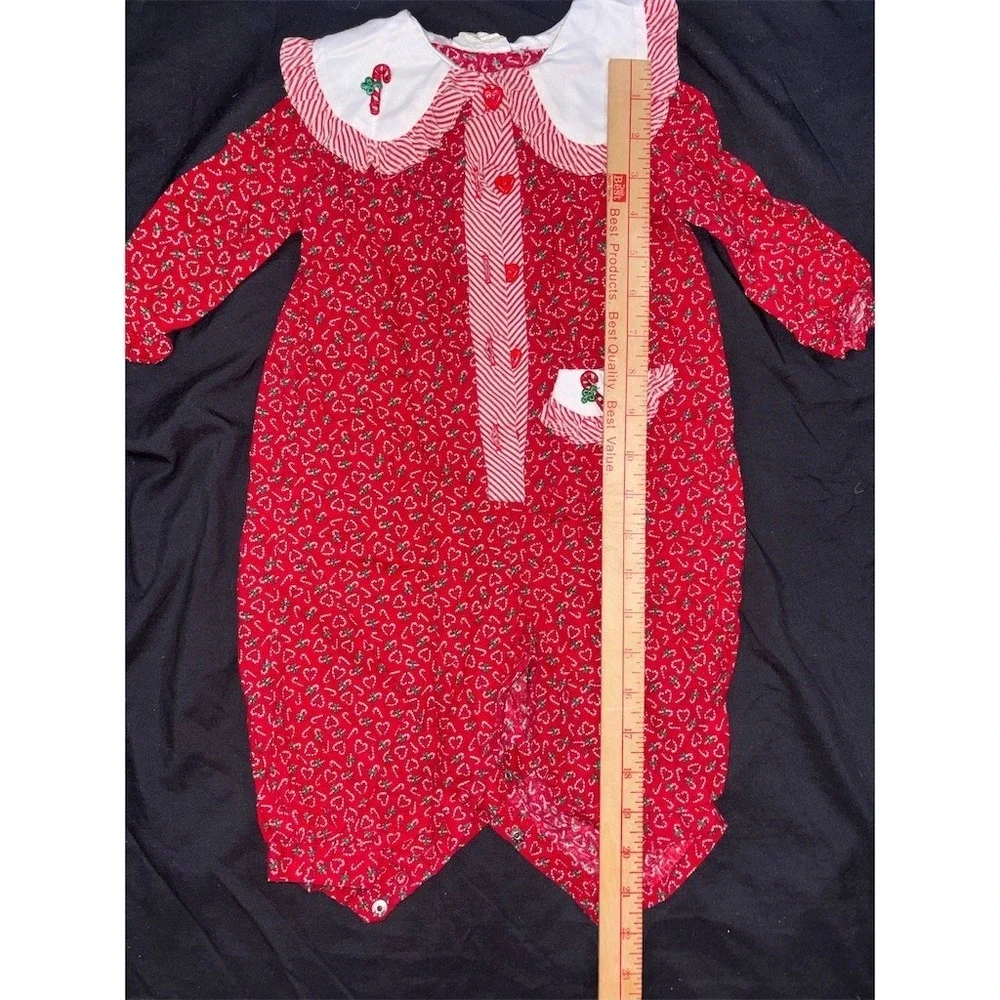 Vintage Bryan Baby Girl Romper 12M Red Candy Cane Print Christmas One Piece